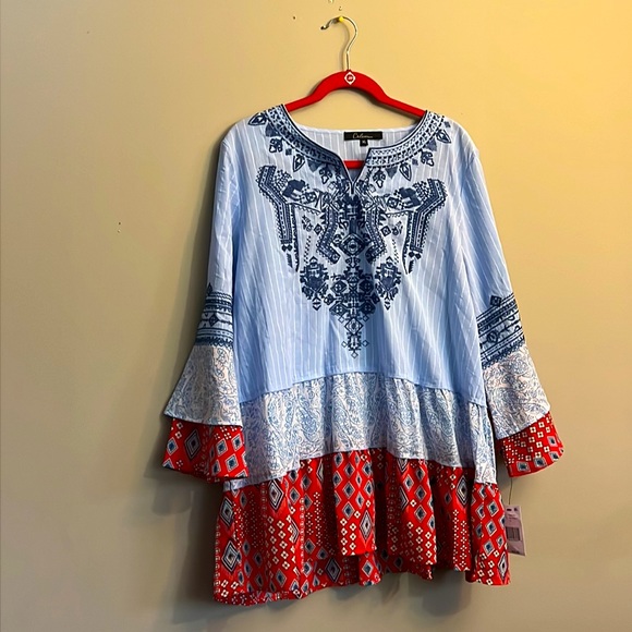 Calessa Patchwork Embroidered Split Round Neck 3/4 Tiered Ruffle Sleeve Tunic - Picture 7 of 11